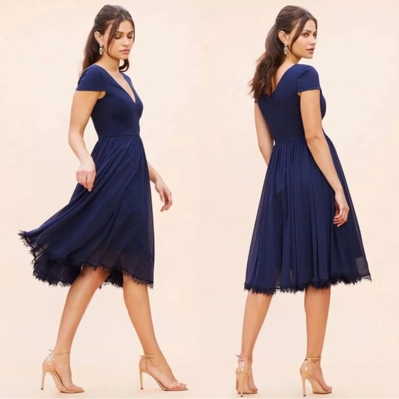 Dress the Population Dresses & Skirts - DRESS THE POPULATION Corey Midi Dress Chiffon Fit & Flare Cocktail Size S Navy